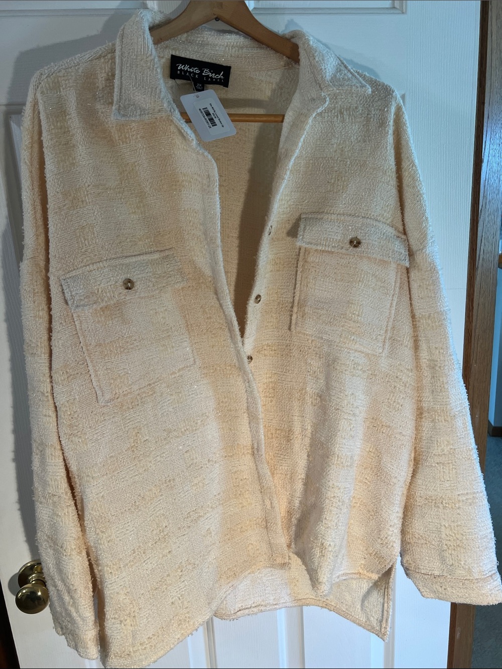 white birch Cream Teddy Bouclé Shacket with Patch Pockets